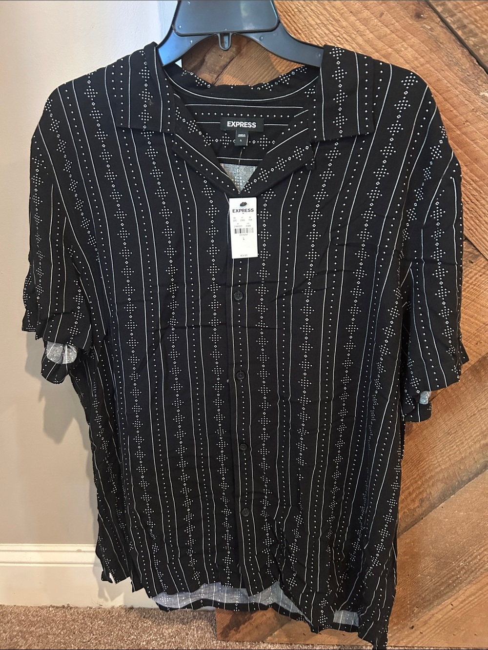 Express Black Button-Down Shirt with White Dot Stripe